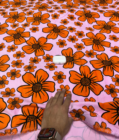Buy Premium Corduroy Pink Orange Daisy Floral Print Fabric