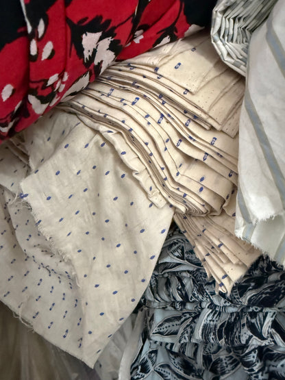 Buy Cambric Beige Blue Buta Dot Fabric