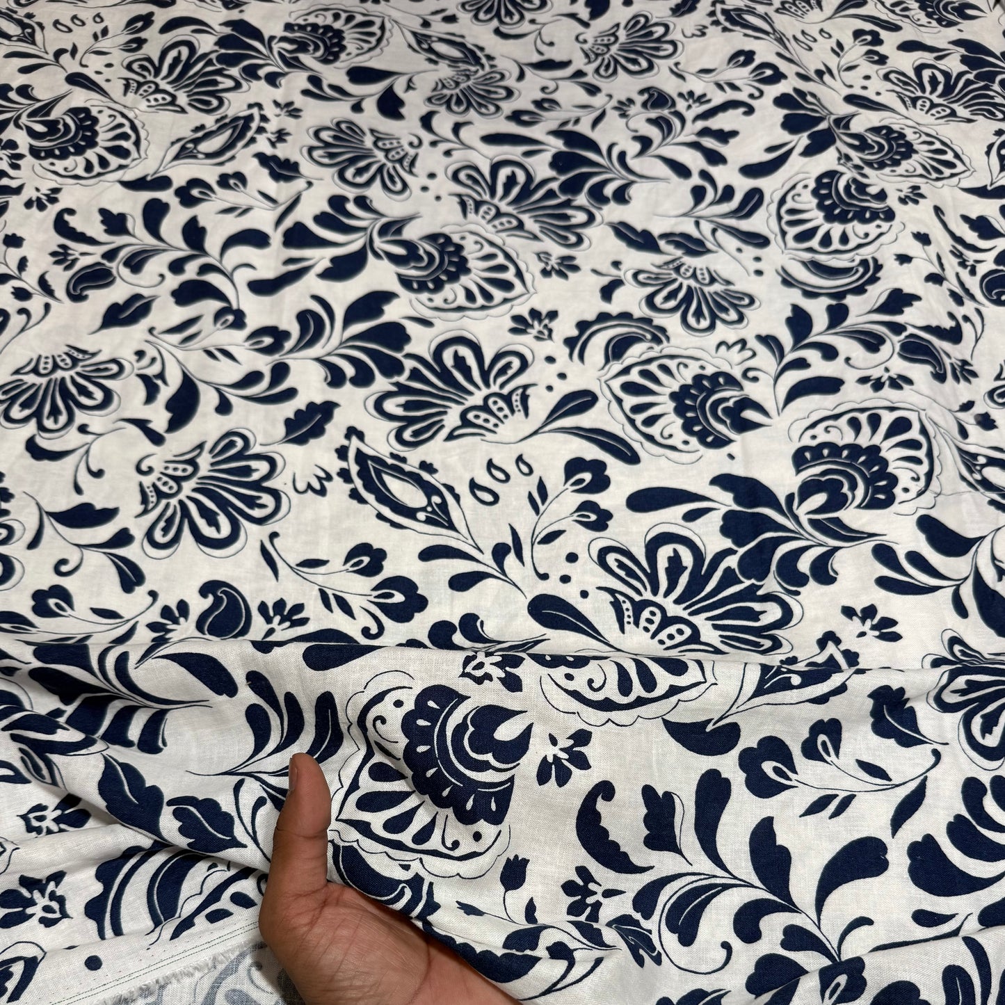 Cotton Linen Indigo Jacobean Printed Fabric - MAF 