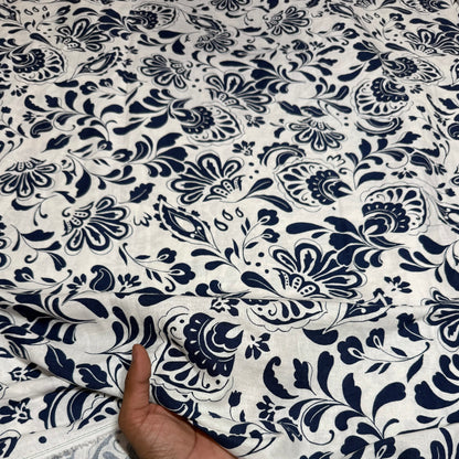 Cotton Linen Indigo Jacobean Printed Fabric - MAF 