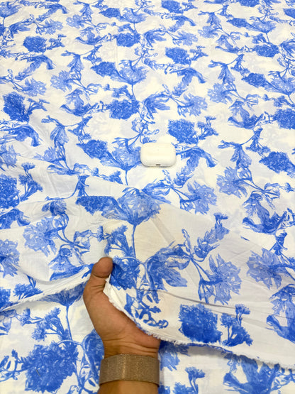 Buy Premium Cotton Cambric White Blue Floral Print Fabric