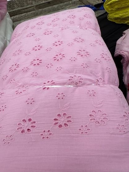 Buy Cotton Hakoba Baby Pink Leafy Joined Flower Embroidery