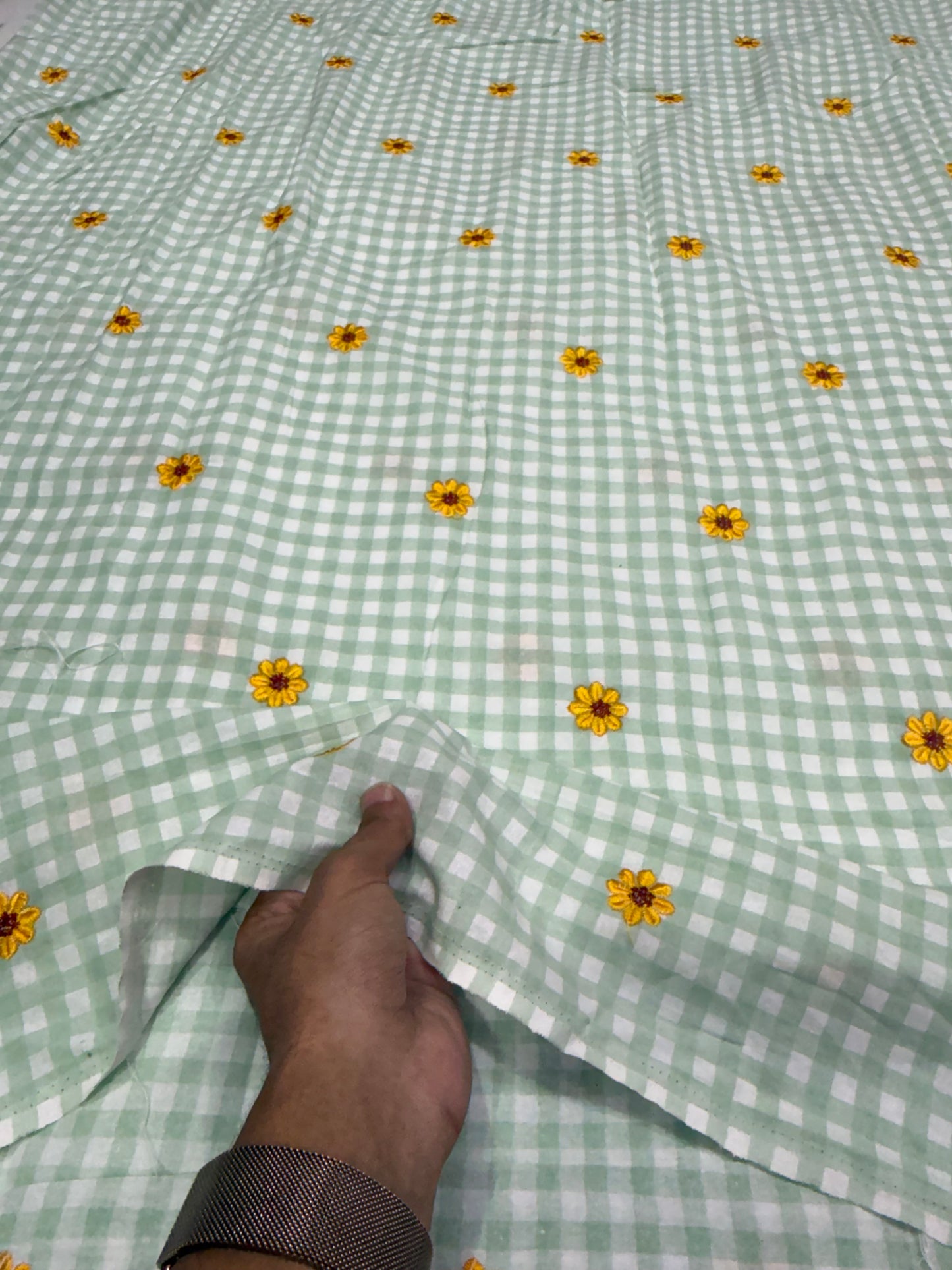 Buy Premium Mint Green Flower Embroidery Gingham Checks Fabric