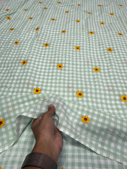 Buy Premium Mint Green Flower Embroidery Gingham Checks Fabric