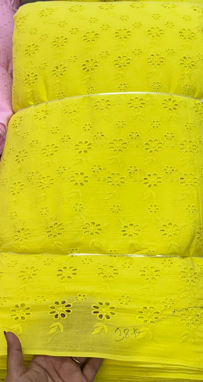 Buy Cotton Hakoba Neon Yellow Leafy Joined Flower Embroidery