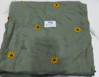 Buy Cutpiece Mul Cotton Viscose Sage Green Daisy Embroidery 1 Meter
