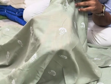 Buy Mul Cotton Viscose Sage Green White Paisley Embroidery Fabric