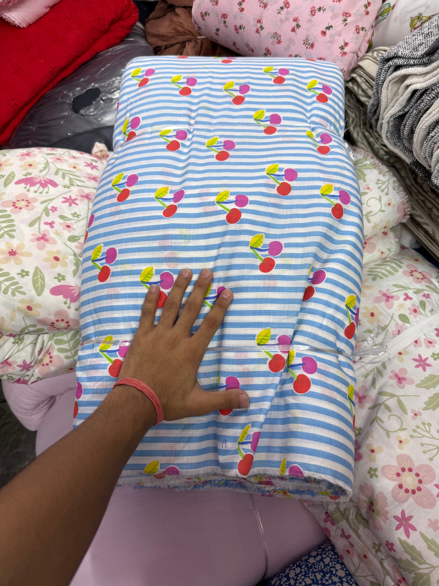 Buy Mul Cotton Blue Stripe Cherry Printed Fabric