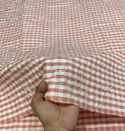 Buy Premium Seersucker Rust Pink Gingham Bow Embroidery Fabric