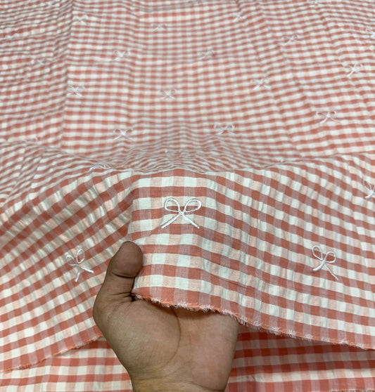 Buy Premium Seersucker Rust Pink Gingham Bow Embroidery Fabric