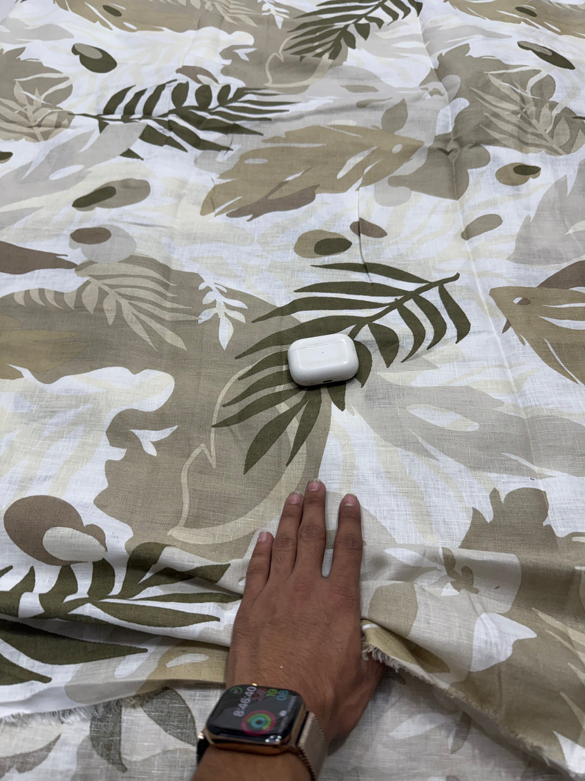 Buy Pure Linen Khaki Tropical Palm Leaf Print Fabric