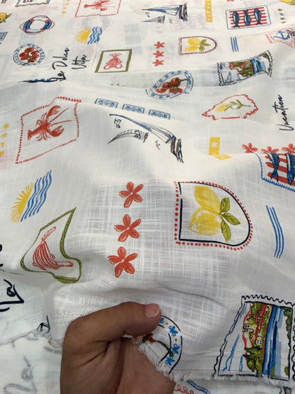 Buy Fine Premium Cotton Slub White Mediterranean Vacation Print Fabric