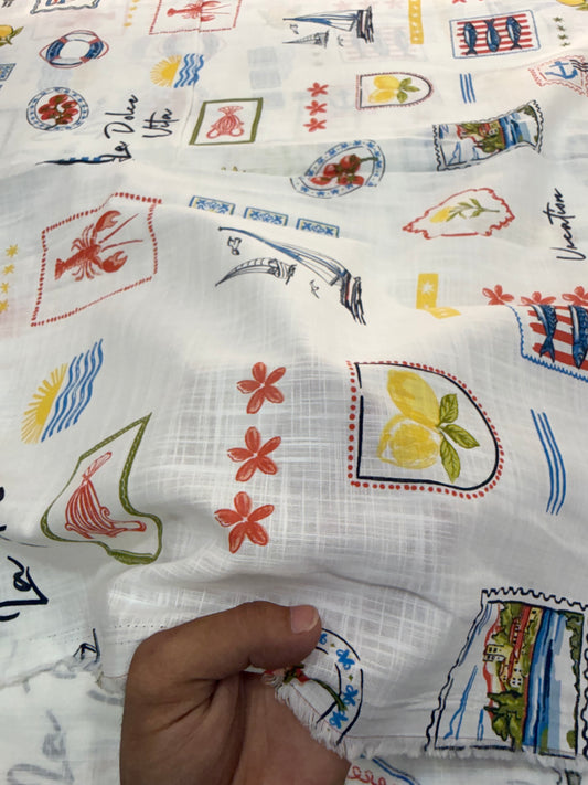 Buy Fine Premium Cotton Slub White Mediterranean Vacation Print Fabric