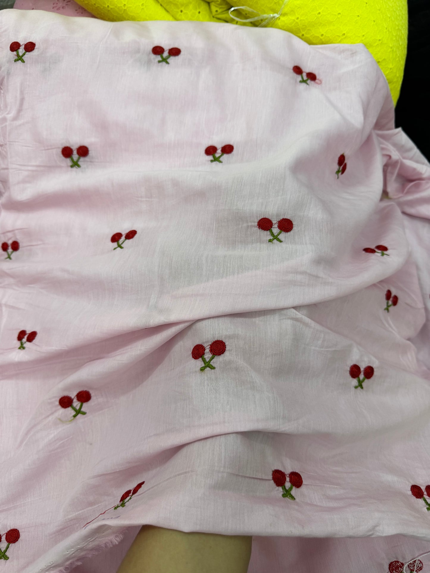 Buy Mul Cotton Baby Pink Cherry Embroidery Fabric