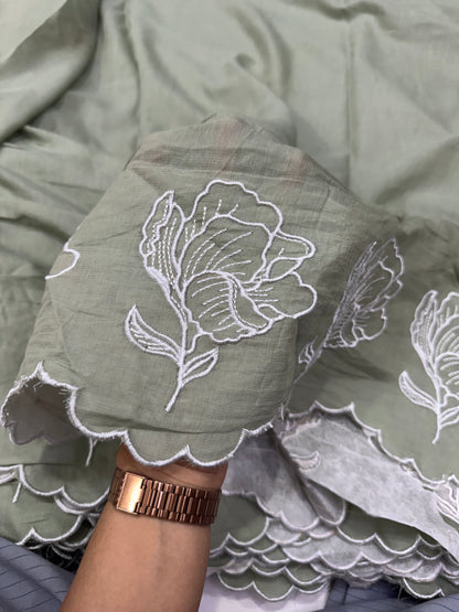 Buy Mul Cotton Viscose Sage Green White Abstract Flower Embroidery Fabric