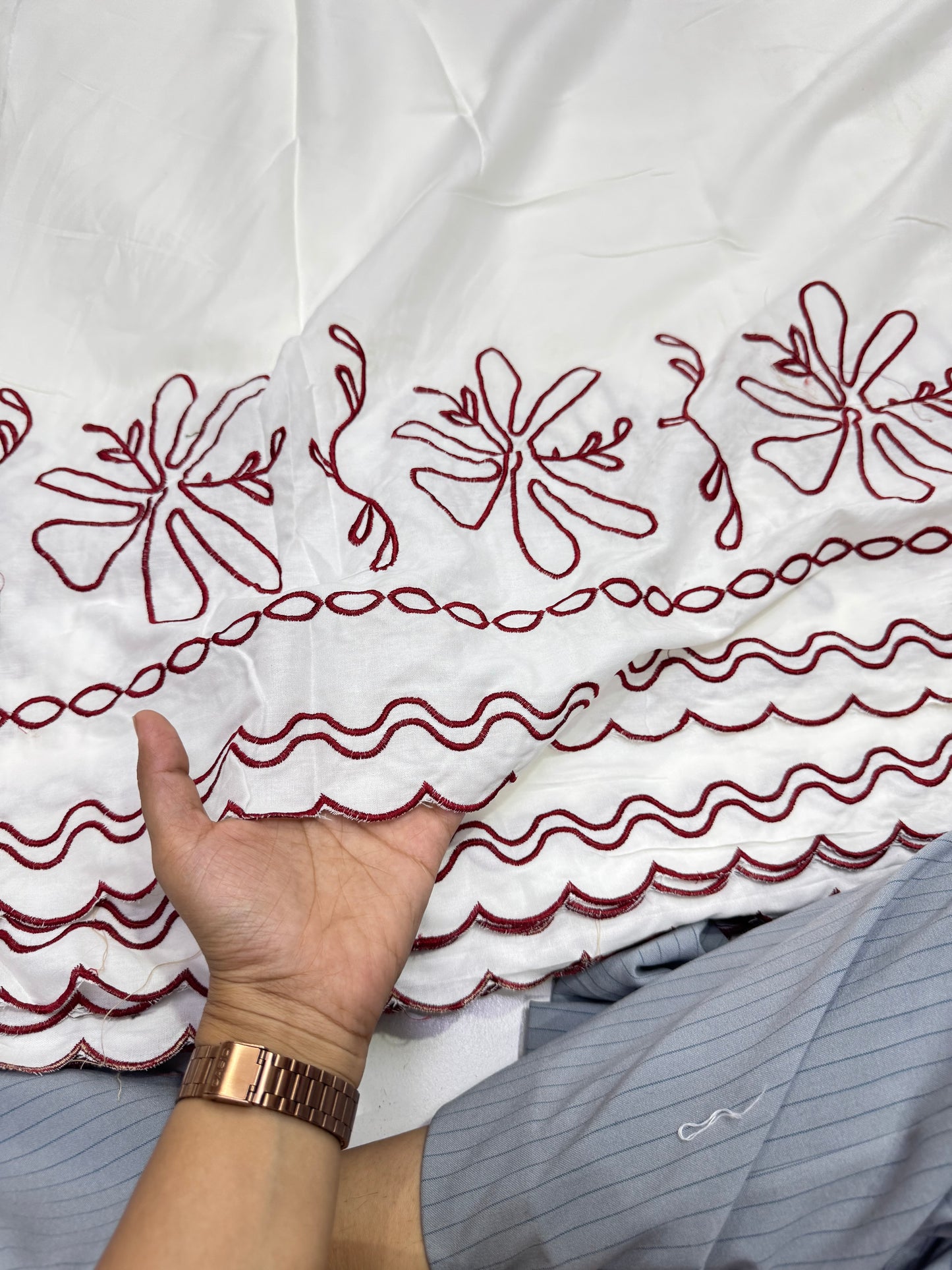Buy Viscose Modal White Red French Border Embroidery Fabric
