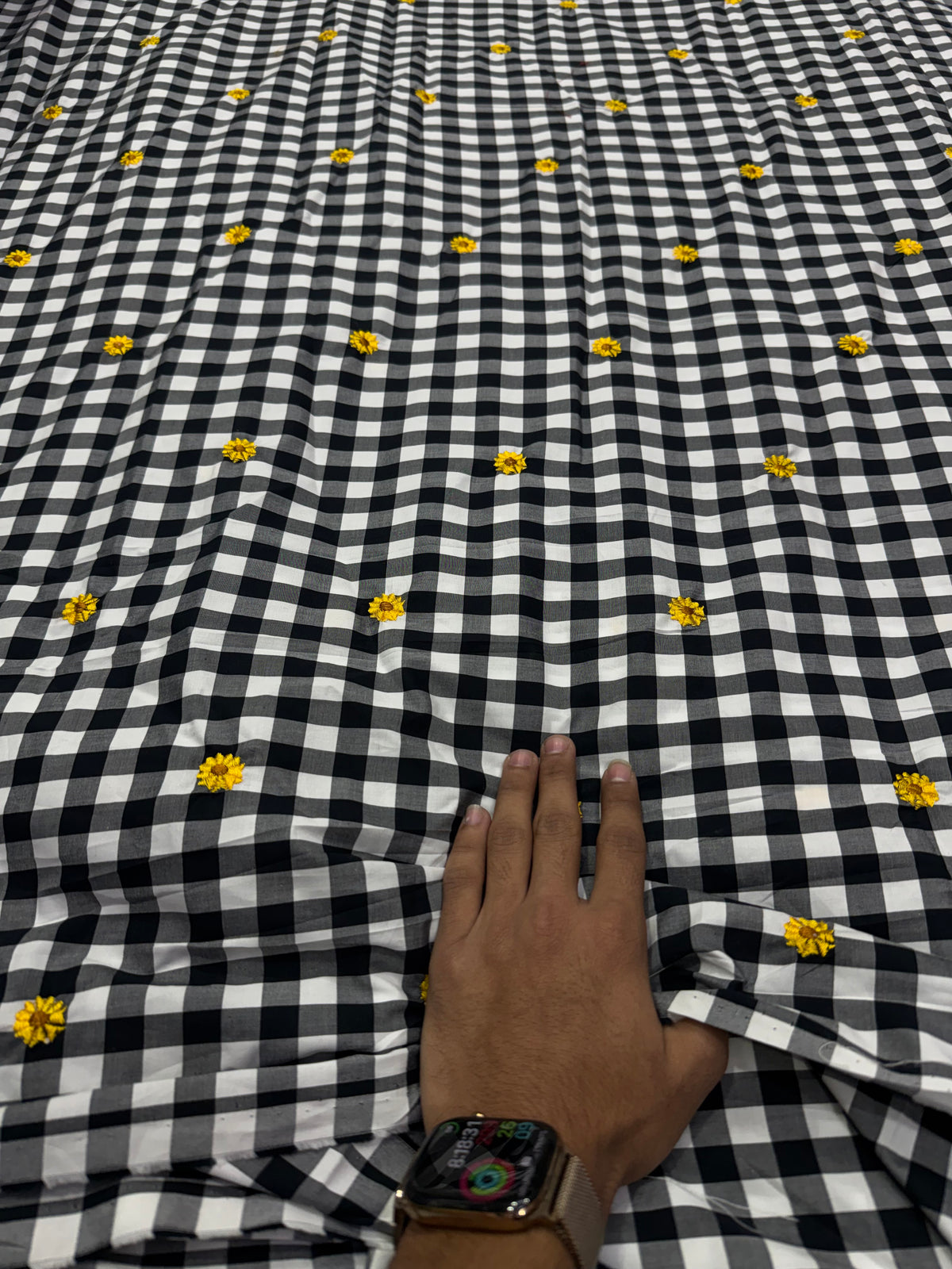Buy Premium Black & White Gingham Check Embroidered Fabric