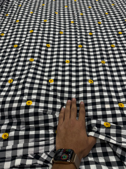 Buy Premium Black & White Gingham Check Embroidered Fabric