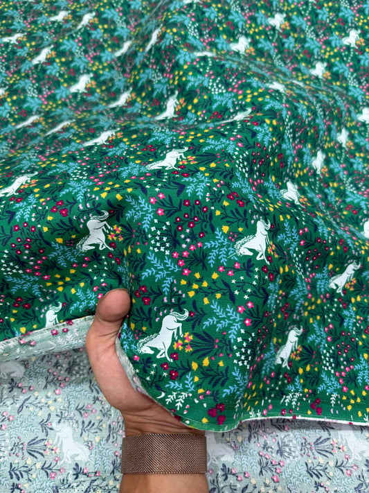 Buy Premium Corduroy Dark Green White Horse Floral Print Fabric