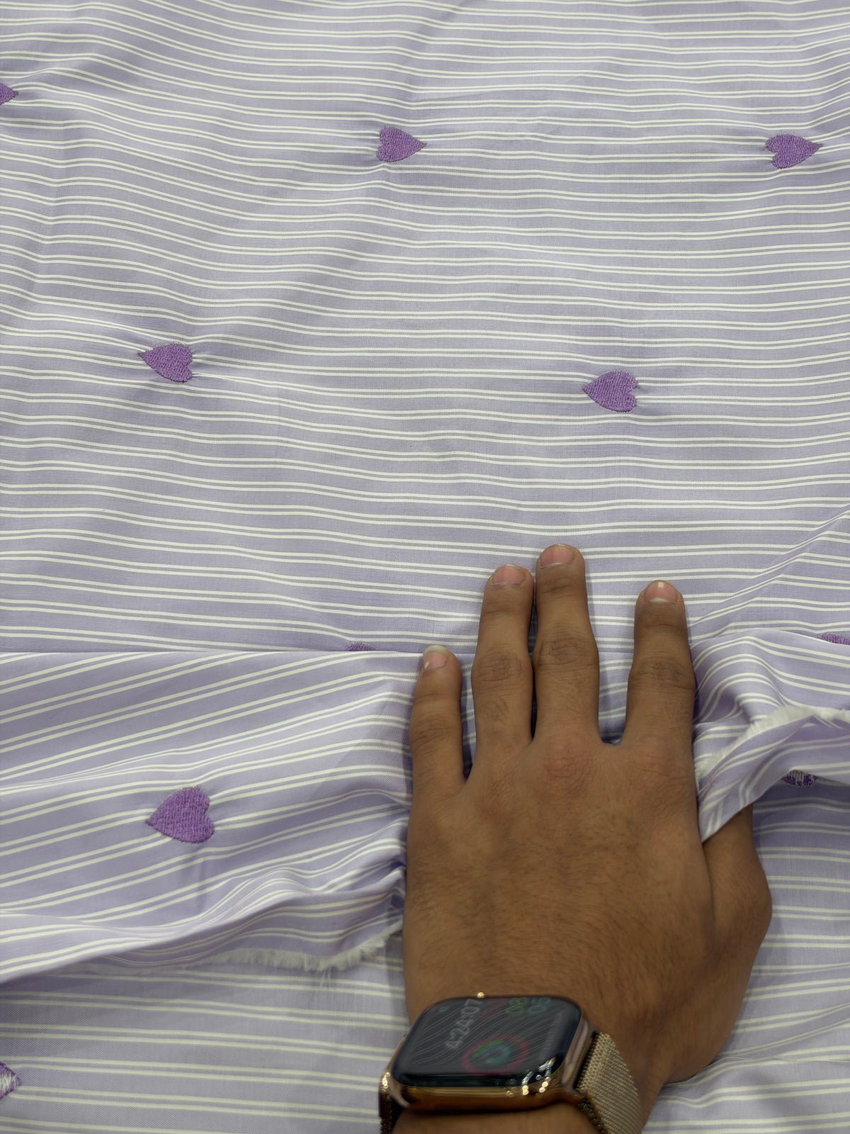Buy Premium Lavender Poplin Stripe Heart Embroidered Fabric