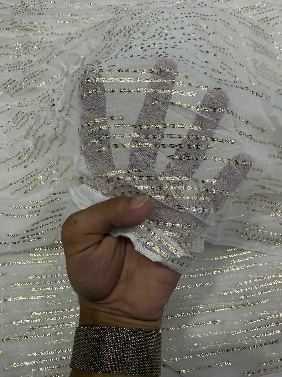 Buy Premium Viscose Chiffon White Gold Foil Chevron Stripe Fabric