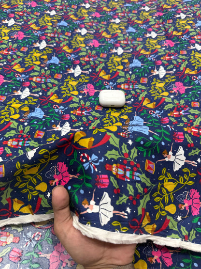 Buy Printed Corduroy Navy Multicolor Christmas Nutcracker Print Fabric