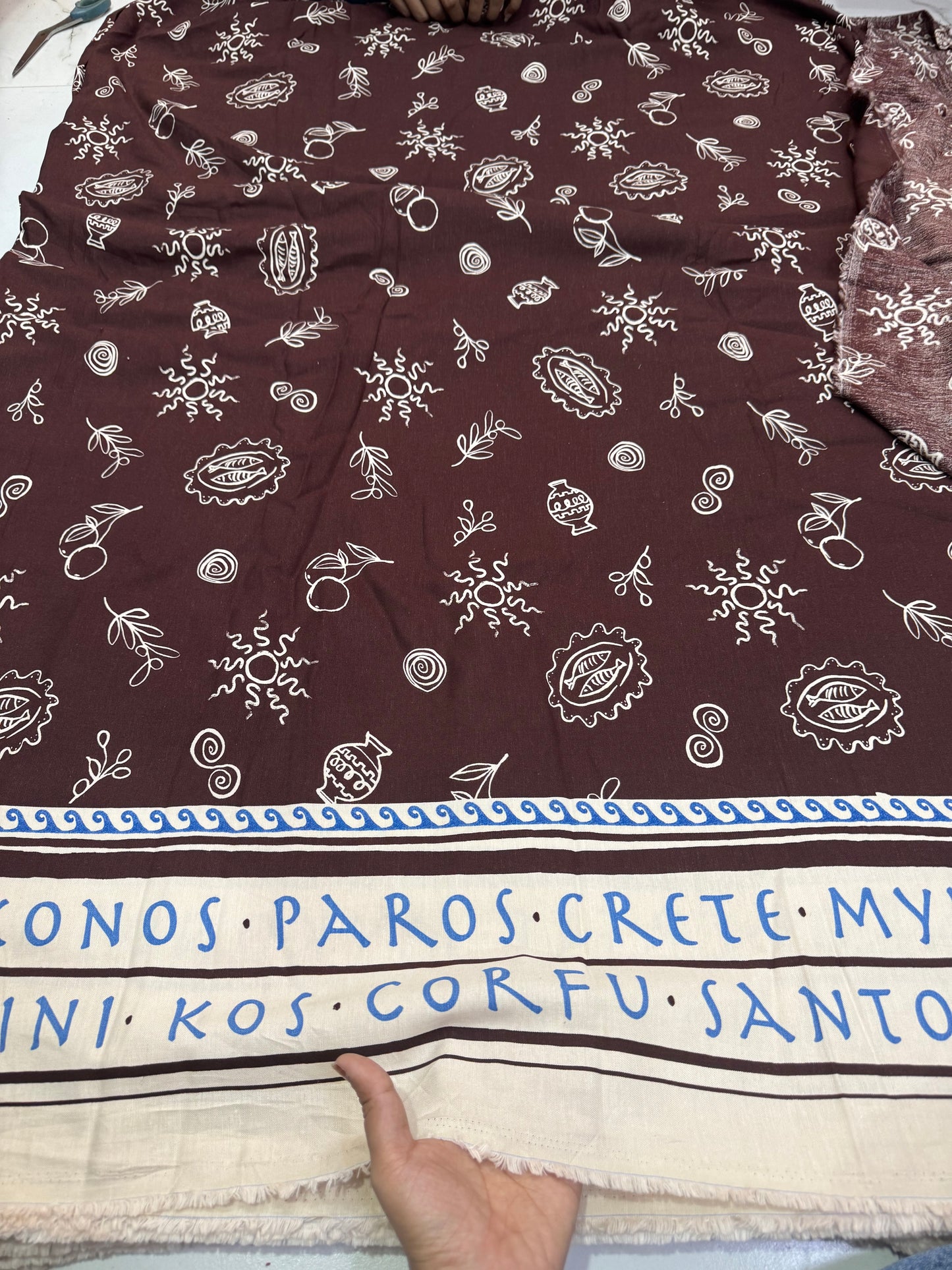 Buy Cotton Linen Chocolate Brown Base Boho Print With Border Fabric