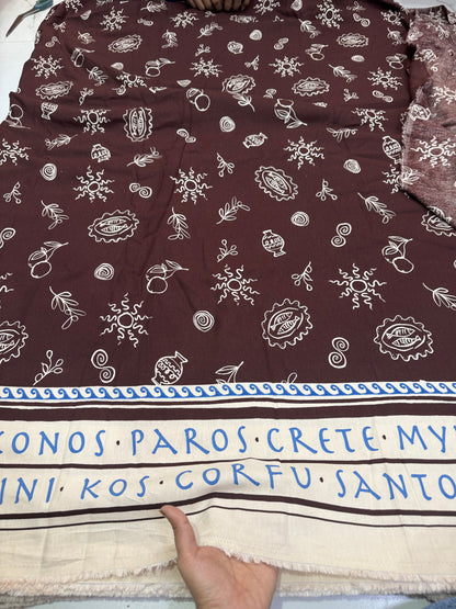 Buy Cotton Linen Chocolate Brown Base Boho Print With Border Fabric