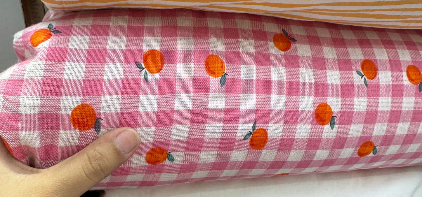 Buy Cotton Linen Pink Check Peach Printed Fabric