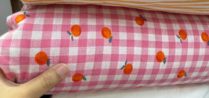 Buy Cotton Linen Pink Check Peach Printed Fabric