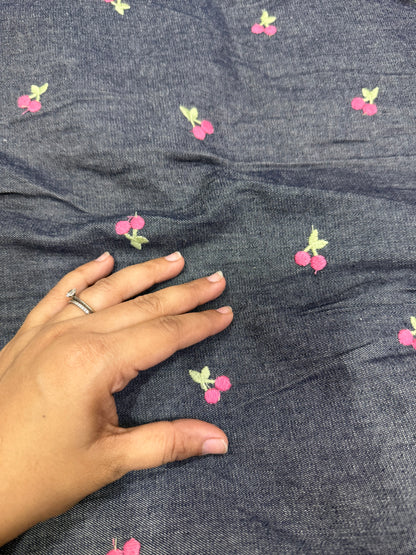 Buy Washed Grey Denim Cherry Embroidery Fabric