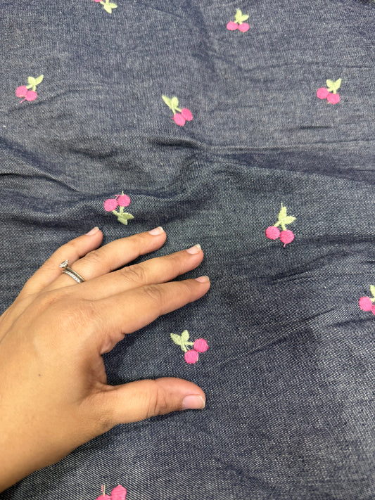 Buy Washed Grey Denim Cherry Embroidery Fabric