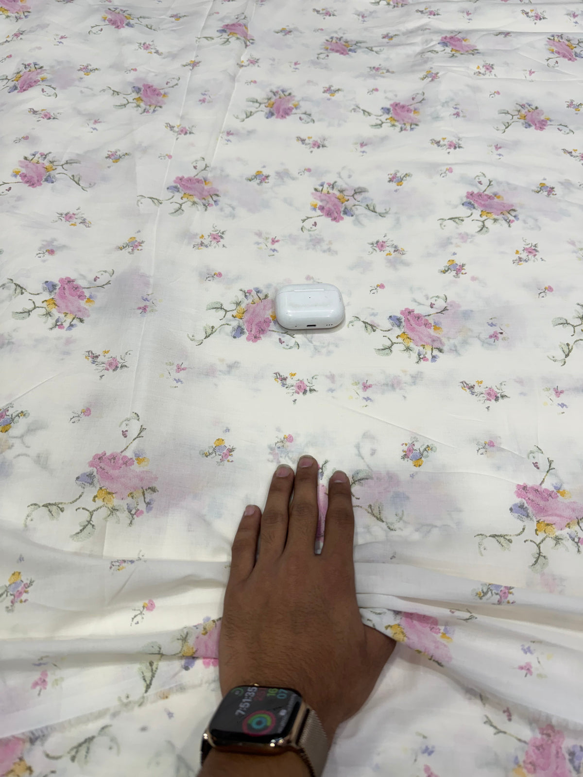 Buy Mul Cotton White Pink Rose Floral Print Fabric