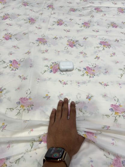 Buy Mul Cotton White Pink Rose Floral Print Fabric