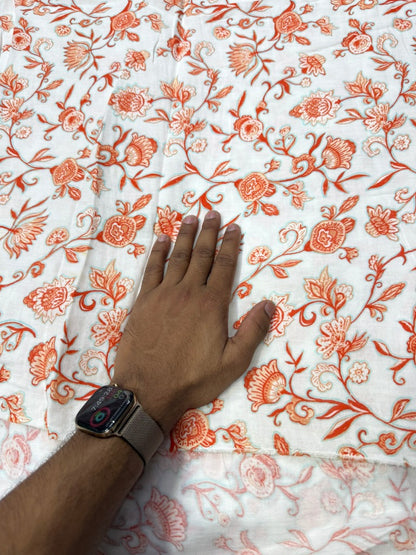Buy Cotton Poplin Orange Vibrant Jacobean Printed Fabric