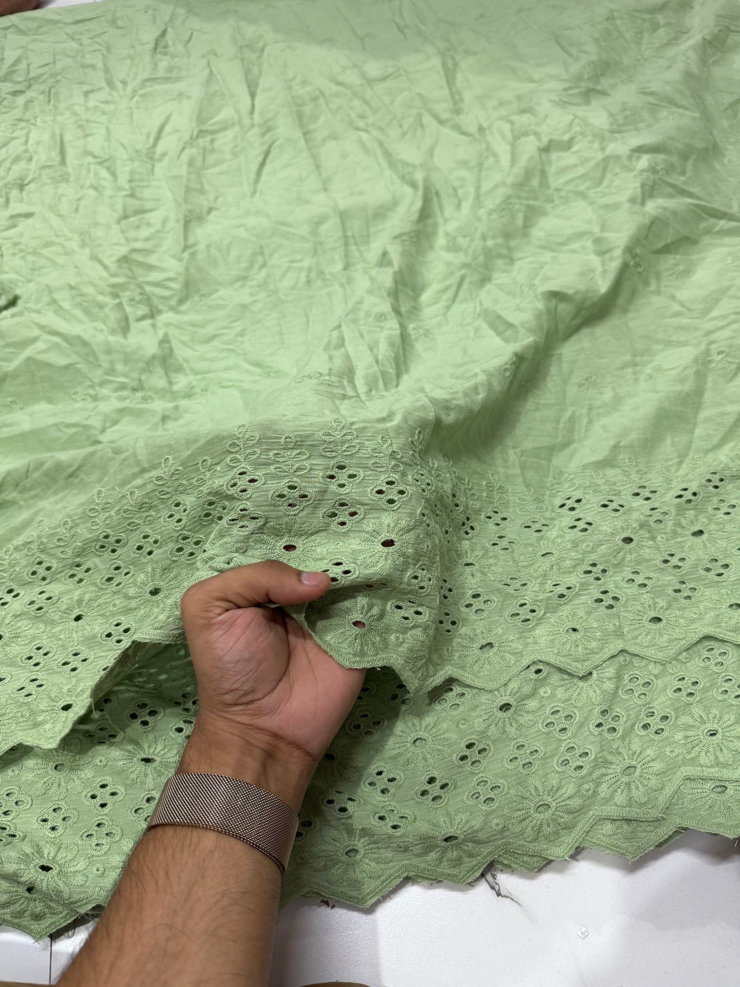 Buy Cotton Hakoba Sage Green 4 Flower Border Embroidery Fabric - MAF 