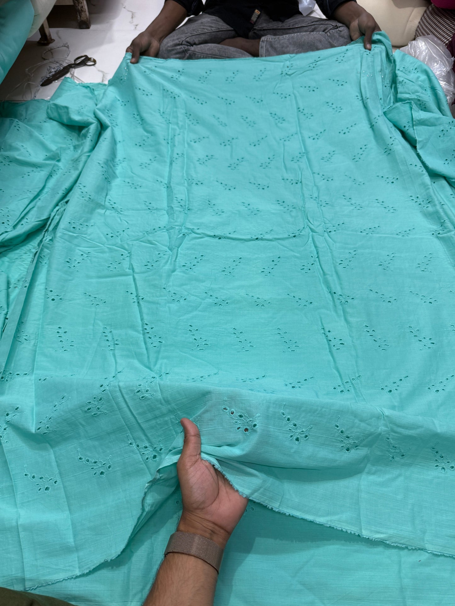 Buy Cotton Hakoba Tiffany Blue Leaf Cutwork Embroidery - MAF 