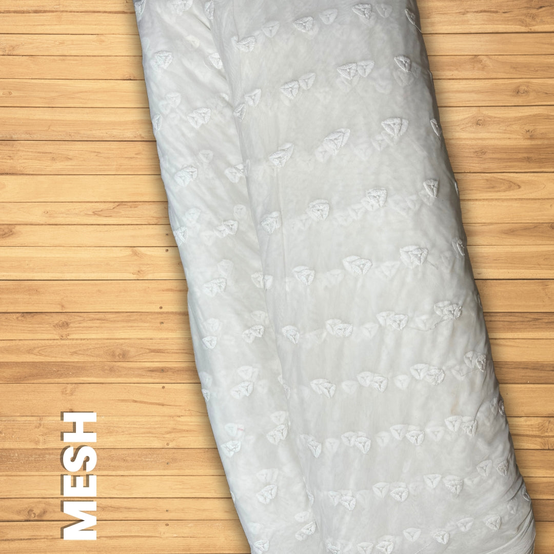 Buy White Mesh Embroidery Trikon Fabric - MAF 