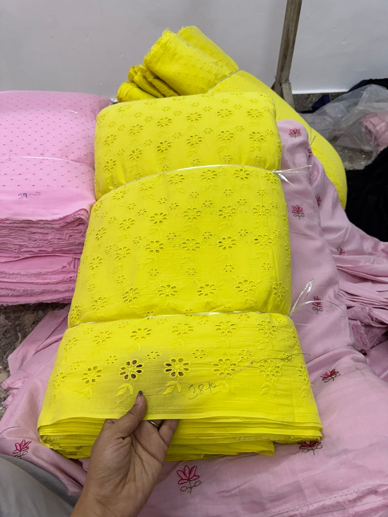 Buy Cotton Hakoba Neon Yellow Leafy Joined Flower Embroidery