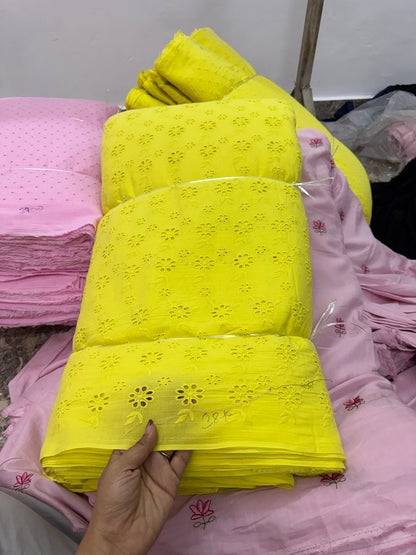 Buy Cotton Hakoba Neon Yellow Leafy Joined Flower Embroidery