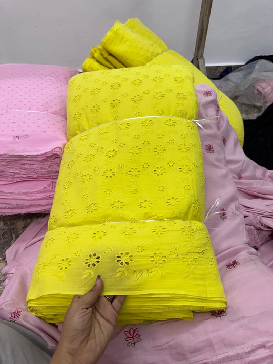 Buy Cotton Hakoba Neon Yellow Leafy Joined Flower Embroidery
