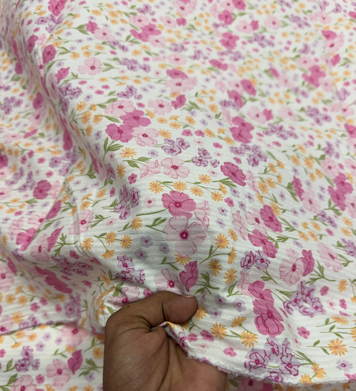 Buy Premium Cotton Seersucker White Base Pink Garden Floral Fabric