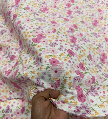 Buy Premium Cotton Seersucker White Base Pink Garden Floral Fabric