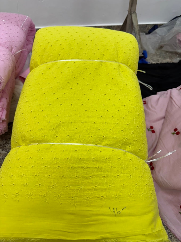 Buy Cotton Hakoba Neon Yellow Baby Flower Embroidery