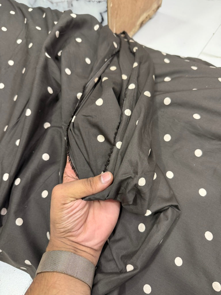 Buy Cotton Poplin Brown Base Ivory Polka Printed Fabric