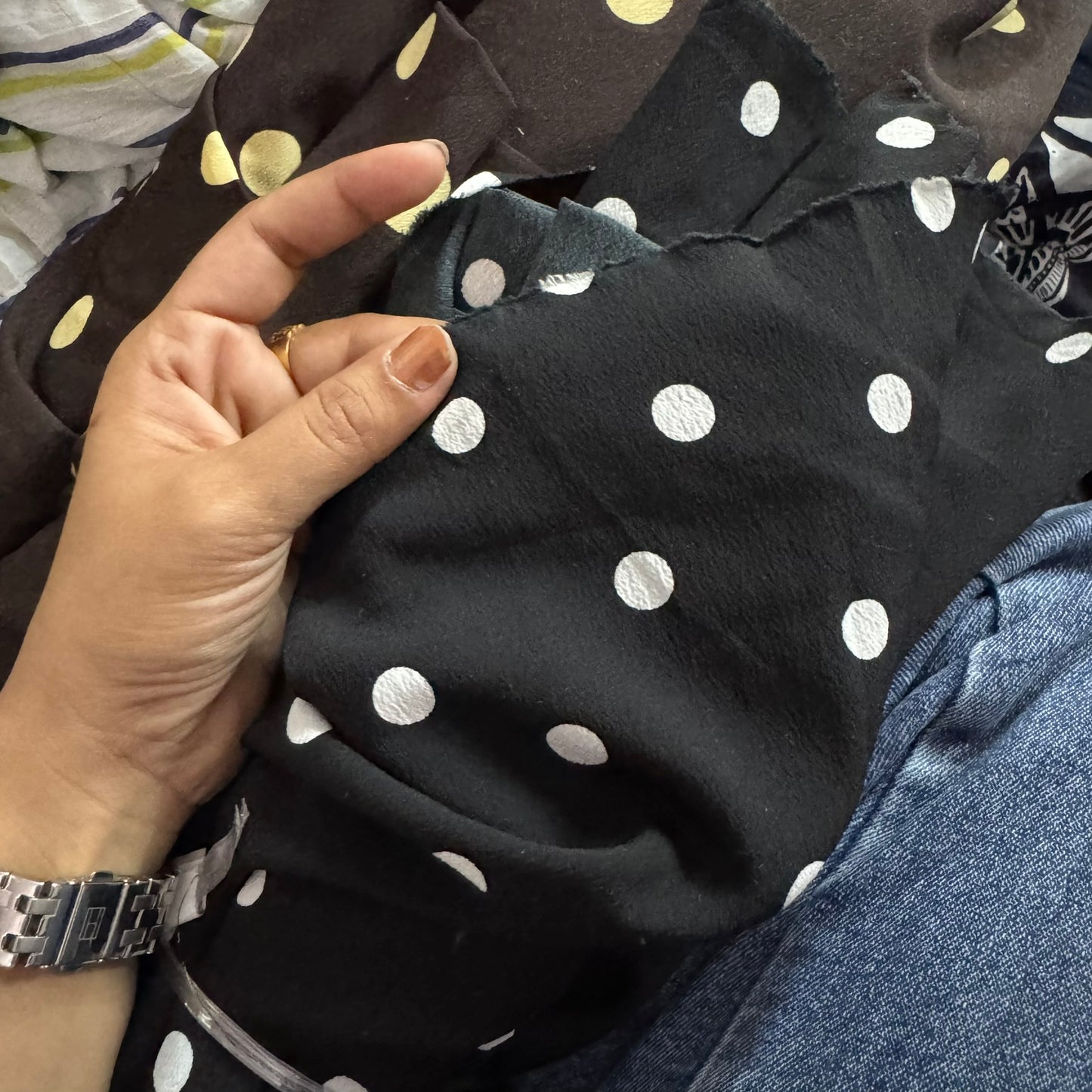 Buy Banana Crepe Black Base White Polka Dot Printed Fabric