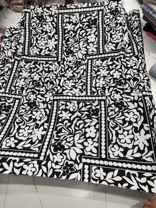 Buy Mul Cotton Black Base White Panel Printed Fabric