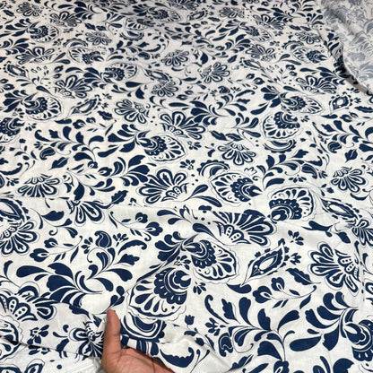 Cotton Linen Indigo Jacobean Printed Fabric - MAF 