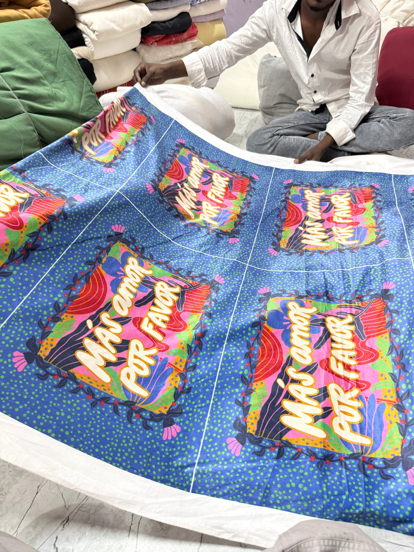 Buy Cotton Velvet Blue Base Typography Printed Fabric - MAF 