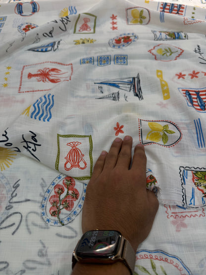 Buy Fine Premium Cotton Slub White Mediterranean Vacation Print Fabric